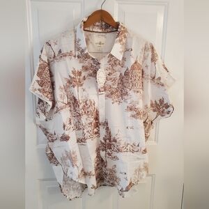 Umgee Cream and Brown Scenic Toile Print Short-Sleeve Button-Up Shirt